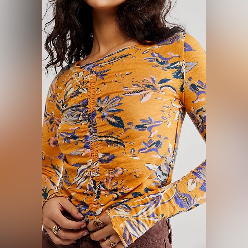 Free People Mustard Yellow Floral Ruched Long Sleeve Top